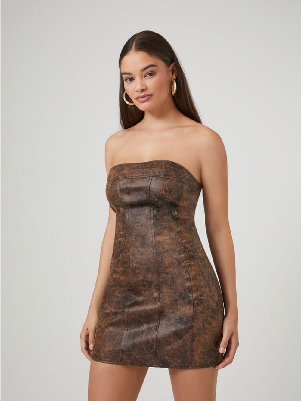 Forever 21 Distressed Faux Leather Strapless Mini Dress Size S